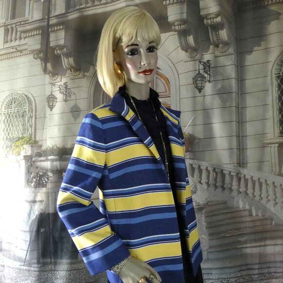 Talbots Blazer Size 14 Blues and Yellow Horiz Stripes Cotton Blend Totally Lined - Picture 8 of 15